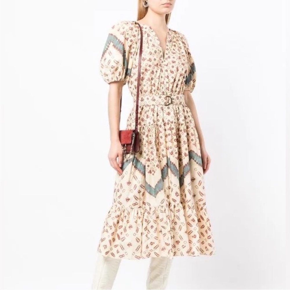 Ulla Johnson Josefina Mixed Print Ruched Belted Midi Dress 0.